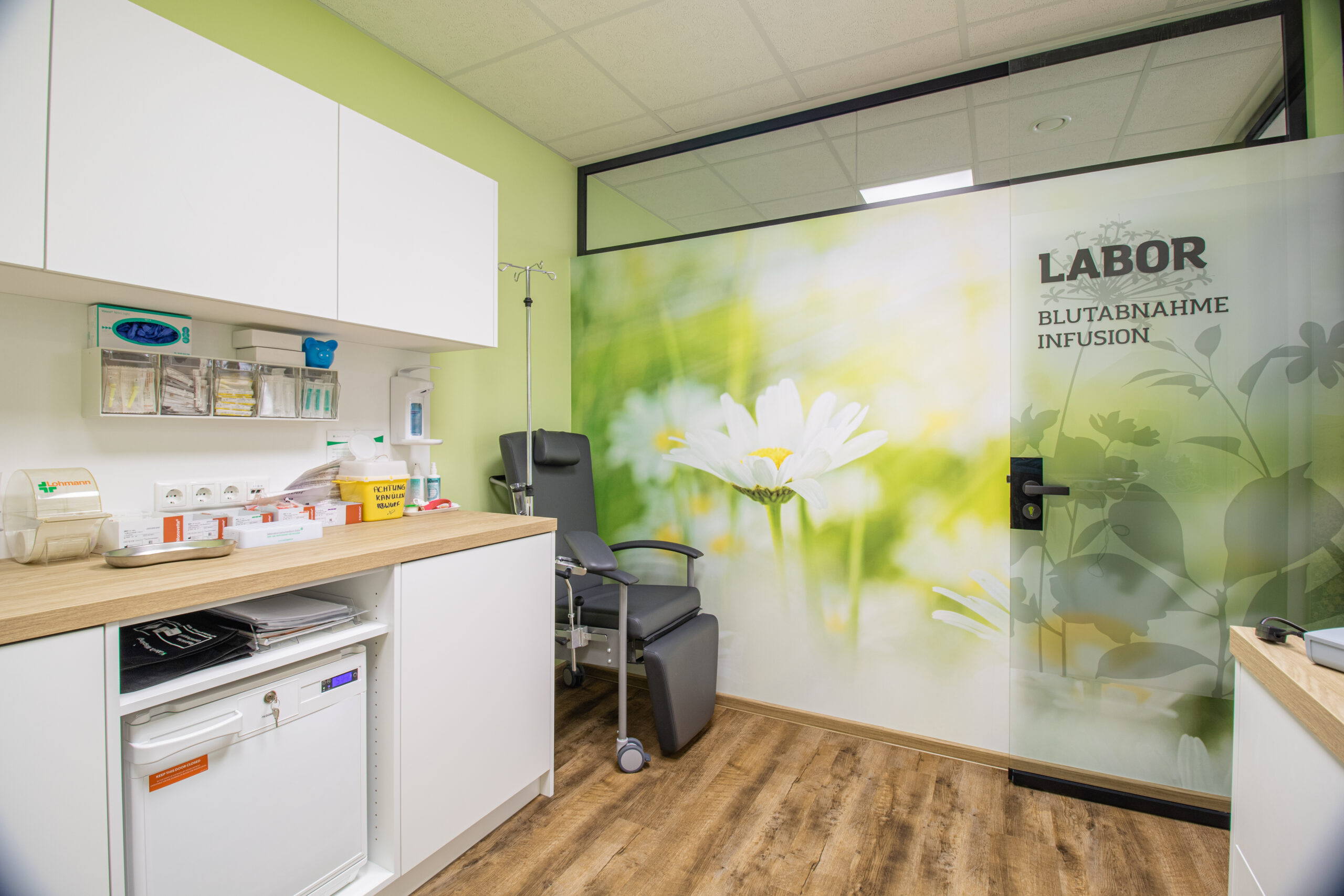 Das Labor mit hellgrünen Wänden und einer Bildtapete mit einer Blumenwiese. Die Laboreinrichtung mit Blutabnahmestuhl und Laborküchenschränken mit Medizin-Kühlschrank.